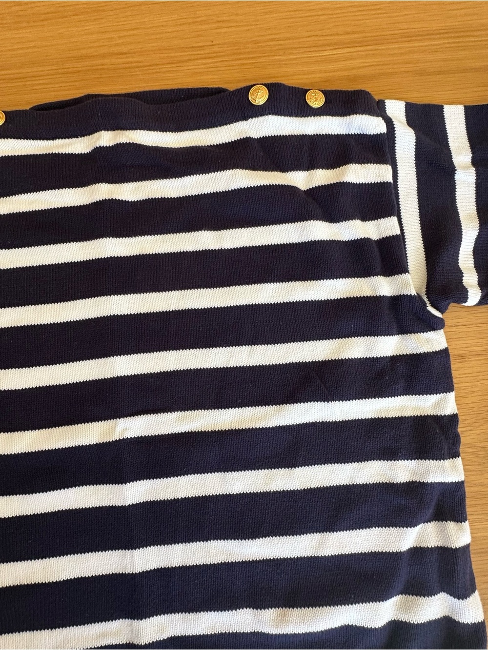 Yatching Casual Corner Navy and White Striped Crewneck Sweater with Gold Buttons